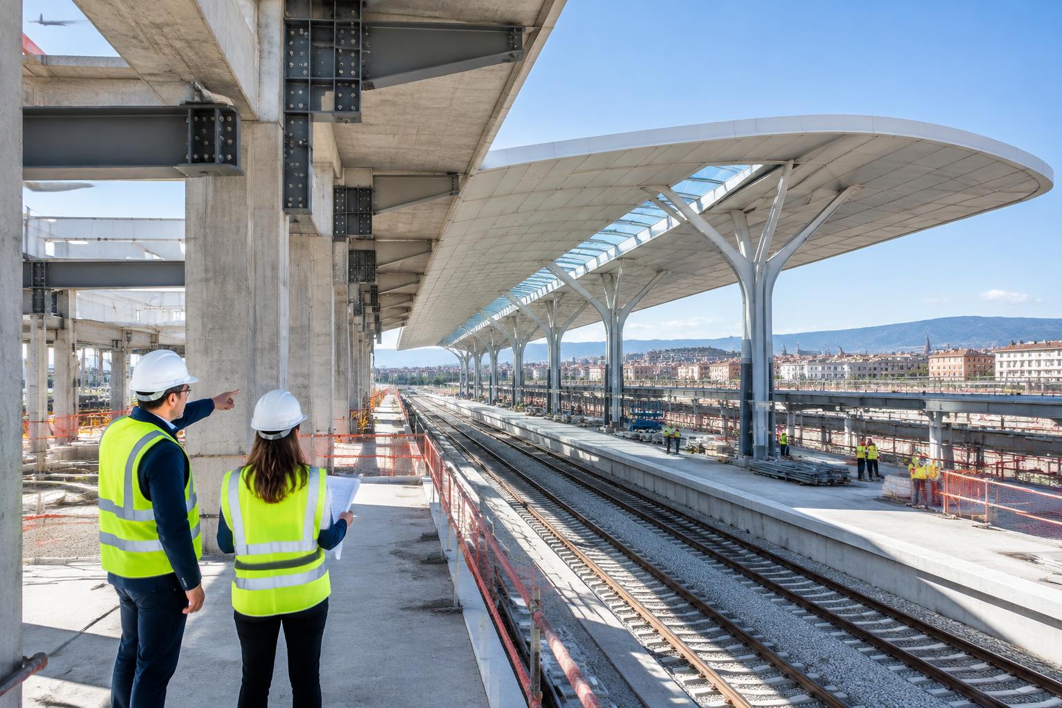 Ingénieurs inspectant les structures d’une gare en construction